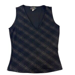 Vintage Eye Candy Black Metallic Sparkle Argyle Plaid Print Tank Top Y2K SMALL